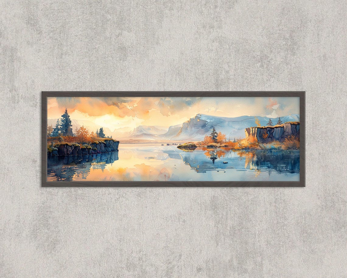 Thingvellir Iceland Lake Sunset Cliffs Watercolor Panoramic Print