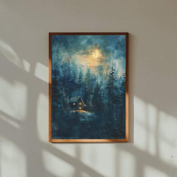 Cabin Under Starry Night Print Enchanted Forest Nightscape