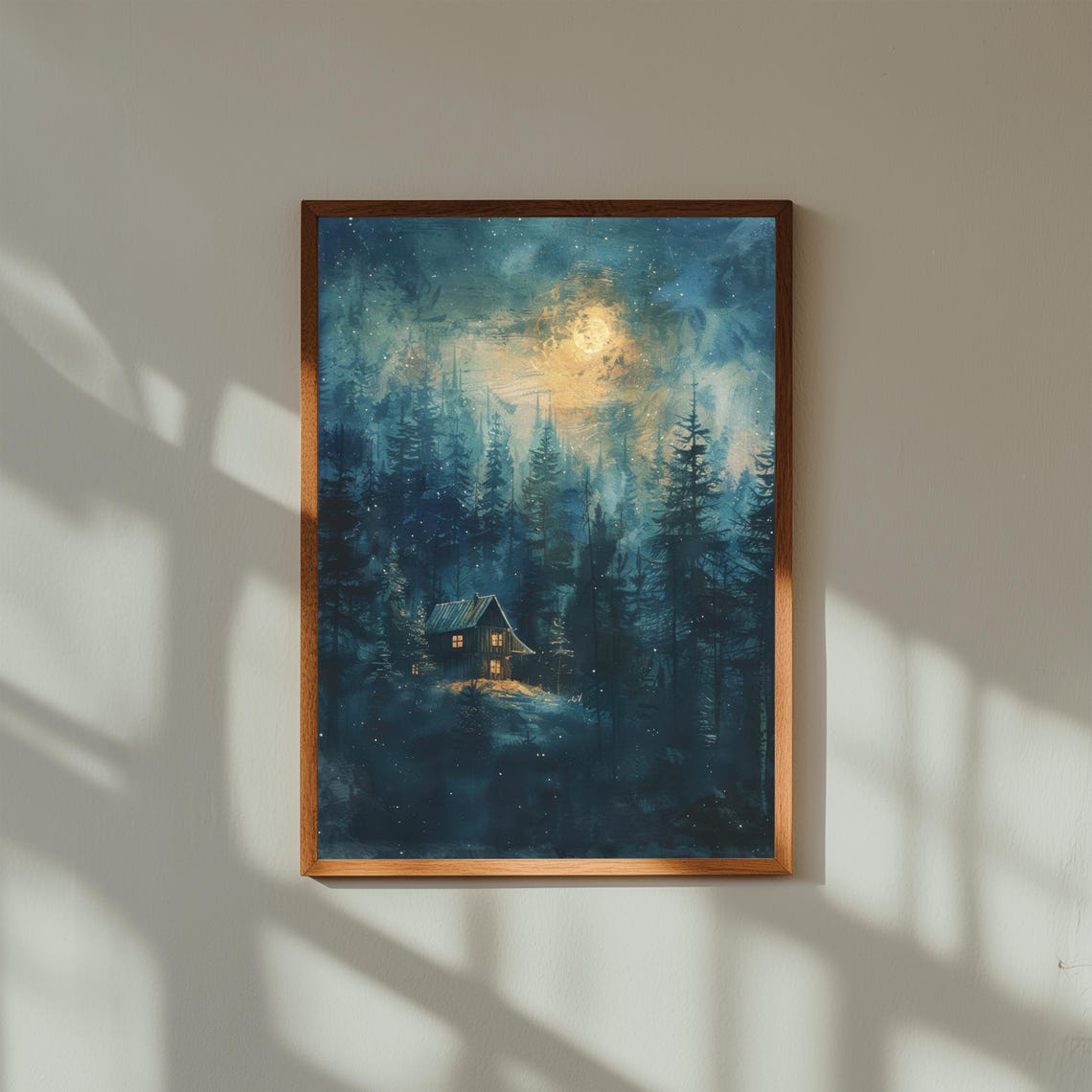 Moonlit Cabin Under Starry Sky In Dark Pine Forest Art Print