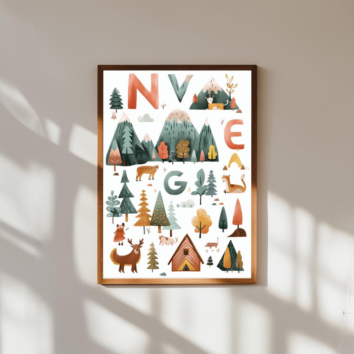 Adventure Alphabet Elk Cabin Mountains Woodland Kids ABC Poster