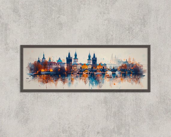 Prague Charles Bridge Panoramic Watercolor Cityscape Wall Art European Architecture Print Travel Home Decor