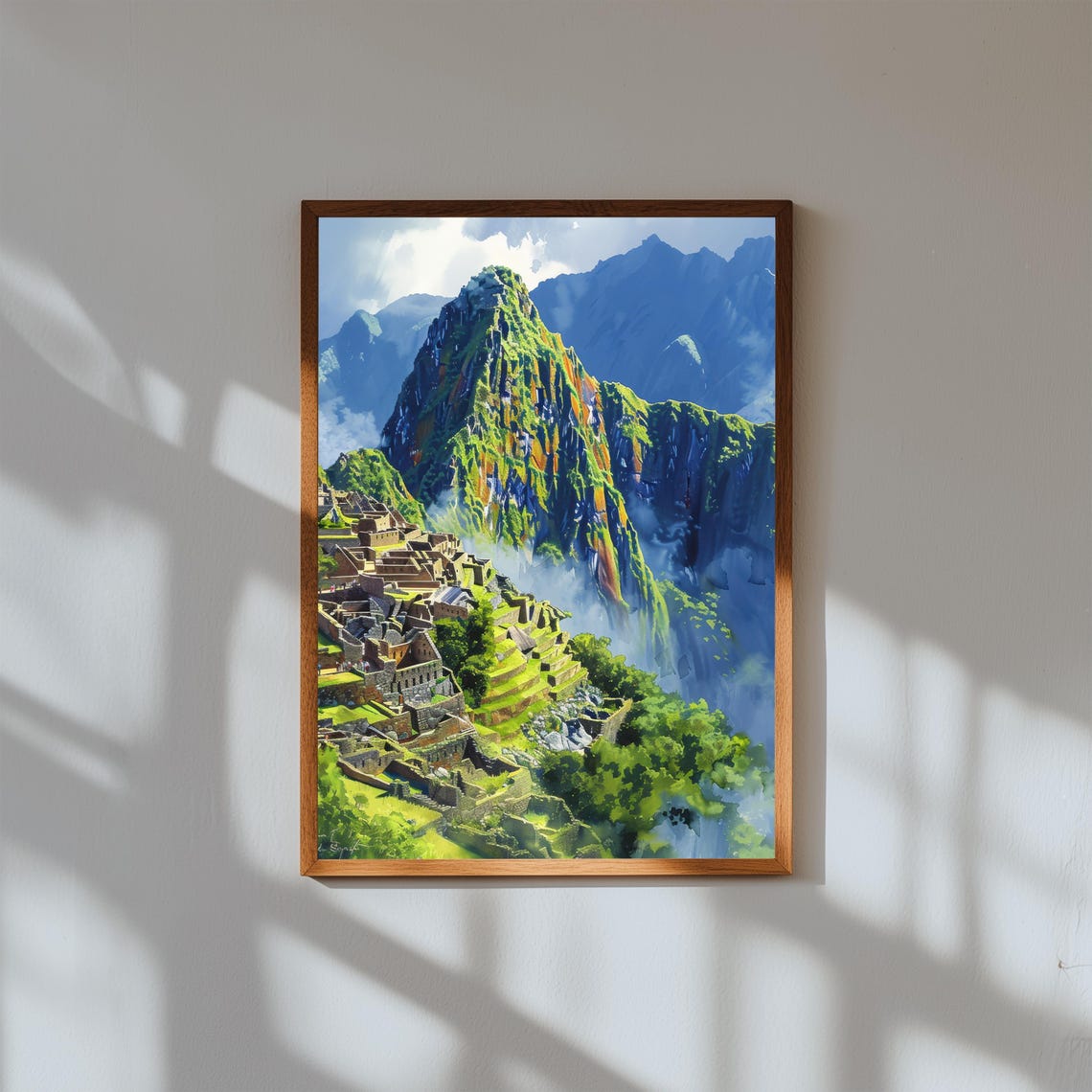 Machu Picchu Peru Ancient Inca Ruins Mountain Mist Watercolor Poster