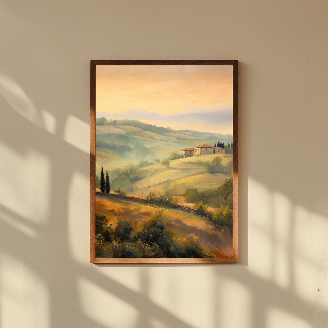 Tuscan Villa with Cypress Trees Misty Morning Hills Oil Art Poster