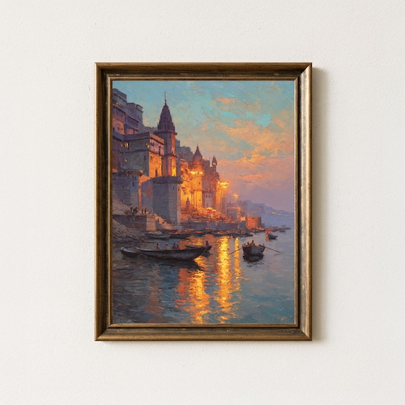 Varanasi Ghats Sunset Ganges River Art Print