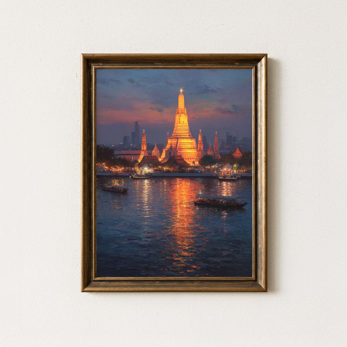 Wat Arun Bangkok Sunset Painting Temple Riverside Golden Light Poster