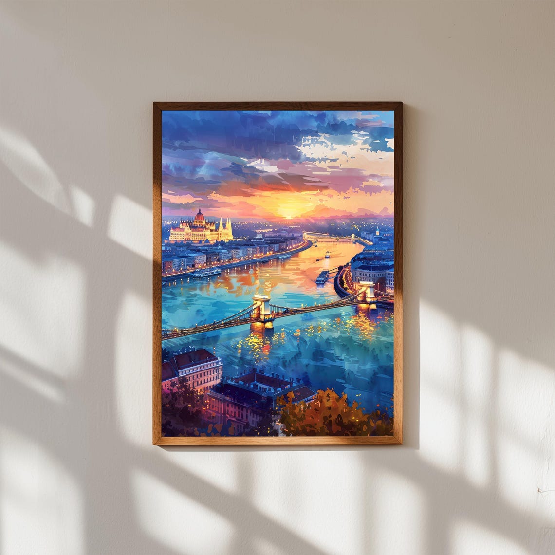 Budapest Golden Sunset Danube Chain Bridge Parliament Art Poster