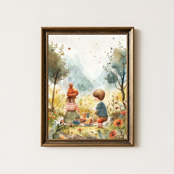 Children Picnic in Meadow Watercolor Art Print with Flowers and Trees