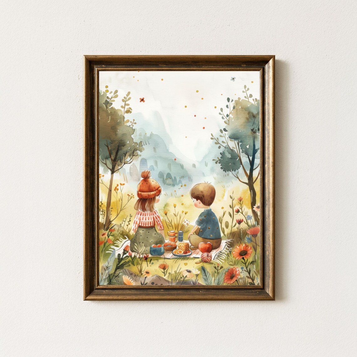 Children Picnic in Meadow Watercolor Art Print with Flowers and Trees