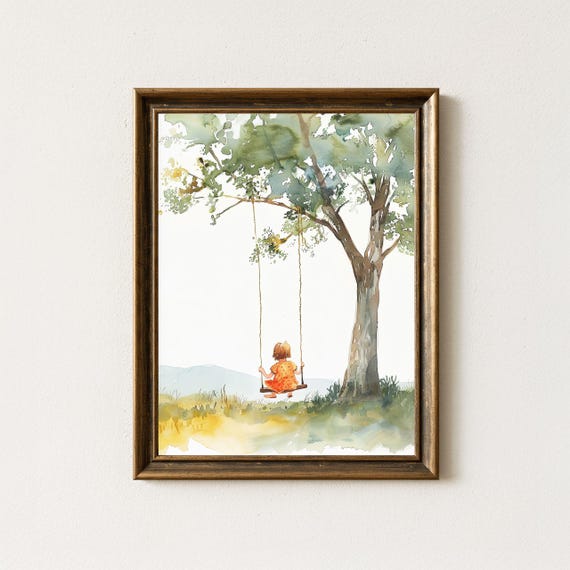 Watercolor Art Print Child On Swing Whimsical Nursery Decor