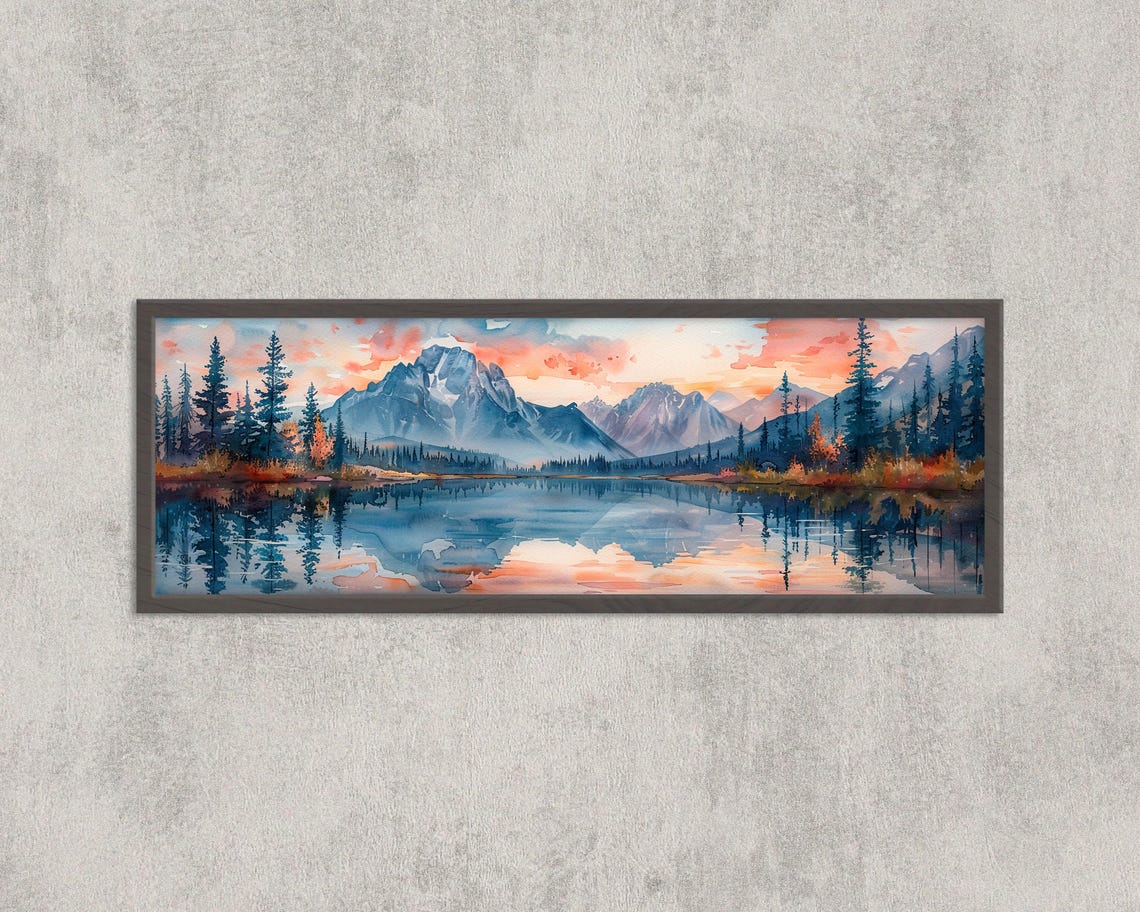 Banff Canadian Rockies Lake Sunset Watercolor Panoramic Art Print