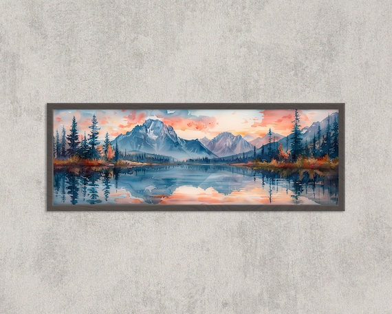 Banff Canadian Rockies Lake Sunset Watercolor Panoramic Art Print