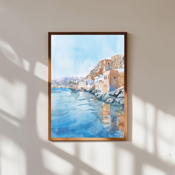 Muscat Oman Coastal Harbor Old Town Forts Watercolor Sea Wall Art