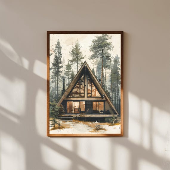 Aframe Cabin Print Rustic Pine Forest Wall Art