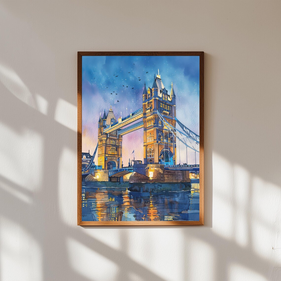 Tower Bridge London Dusk Lights Thames Watercolor Art Poster