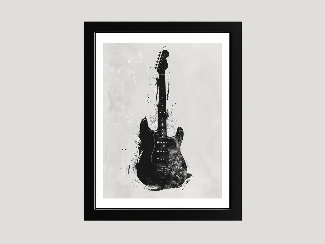 Monochrome Strat Style Electric Guitar Grunge Splatter Art Poster