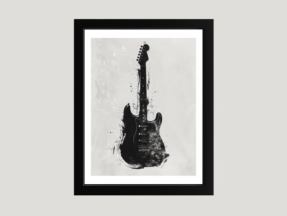 Monochrome Strat Style Electric Guitar Grunge Splatter Art Poster