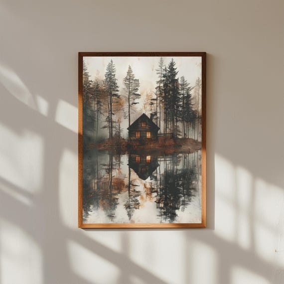Cabin In Forest Lake Reflection Art Print Serene Landscape