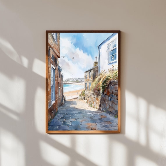 St Ives Cornwall Watercolor Poster Cobbled Lane Beach Seaside Art