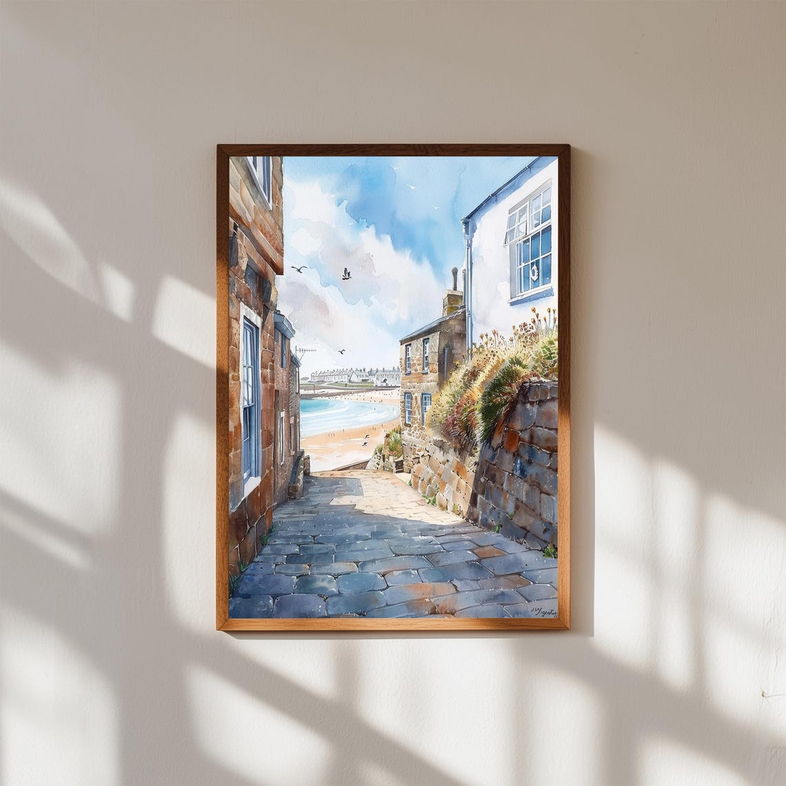 St Ives Cornwall Watercolor Poster Cobbled Lane Beach Seaside Art