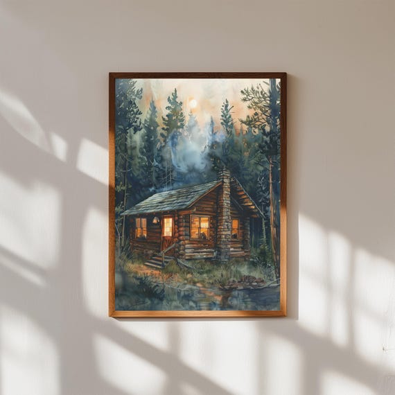 Cozy Cabin Watercolor Print Rustic Forest Home Decor