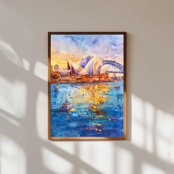 Sydney Opera House Wall Art Australia Watercolor Print Harbour Bridge Skyline Decor