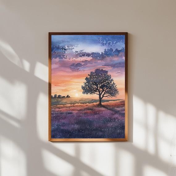 Lone Tree Sunset Lavender Field Purple Sky Watercolor Art Poster
