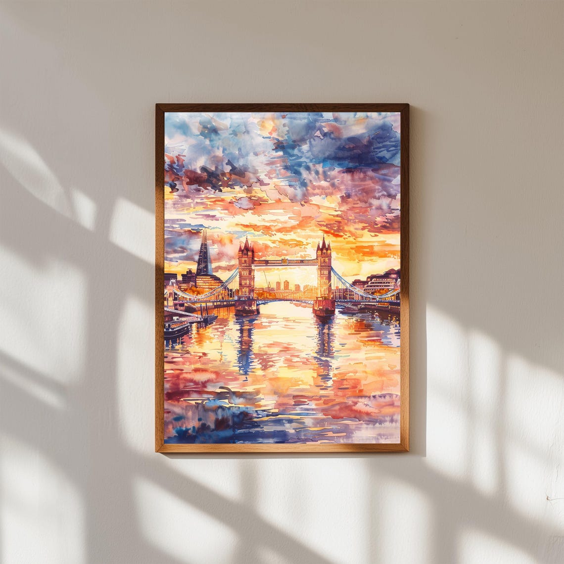 London Tower Bridge Sunset Thames River Watercolor Art Print