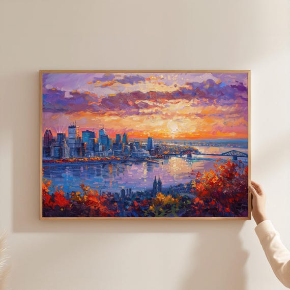 Montreal Sunset Skyline Art Colorful Cityscape Painting On Fine Paper