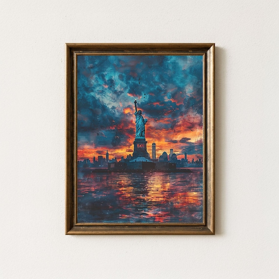 Statue Of Liberty Dramatic Sunset Skyline NYC Watercolor Painting Poster