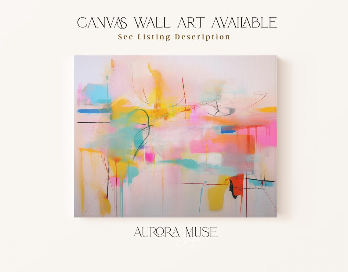 Pastel Pink Yellow Bright Abstract Scribble Oil Painting Wall Art - Image 2