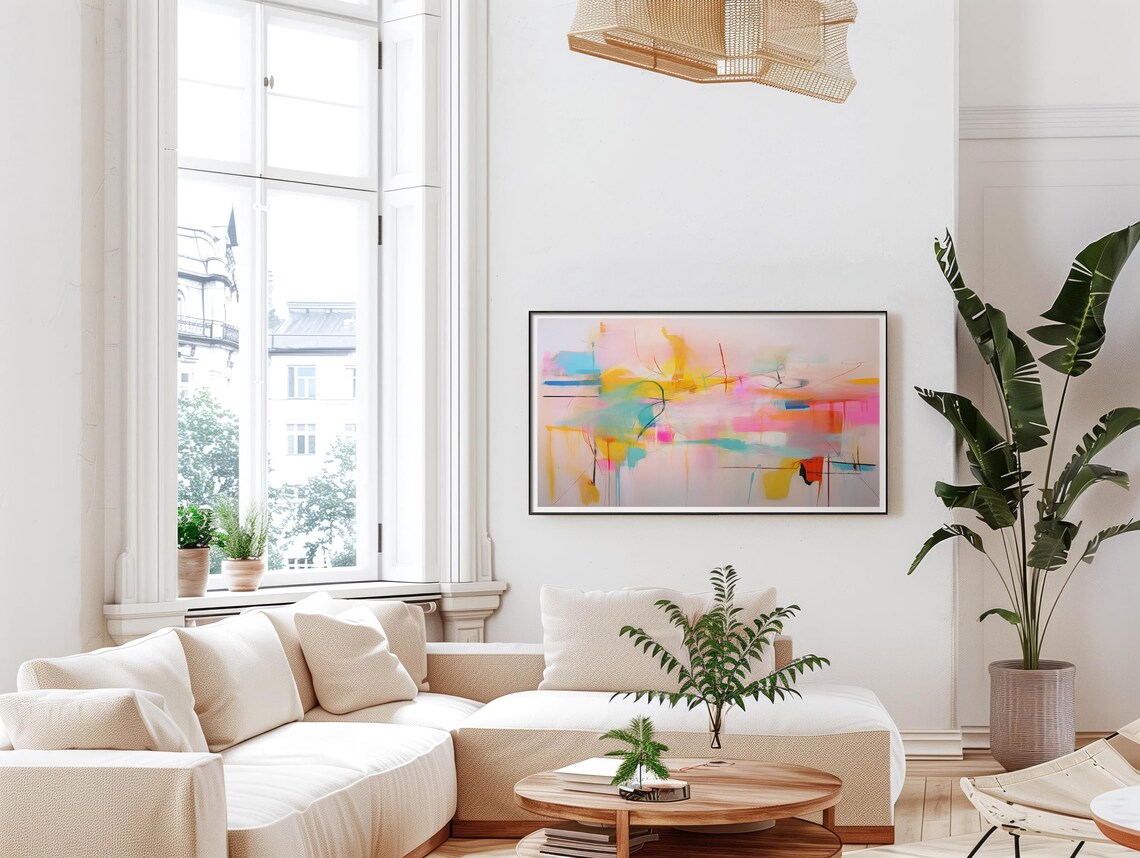 Bright Pink Yellow Abstract Painting With Black Line Details Poster - Image 5
