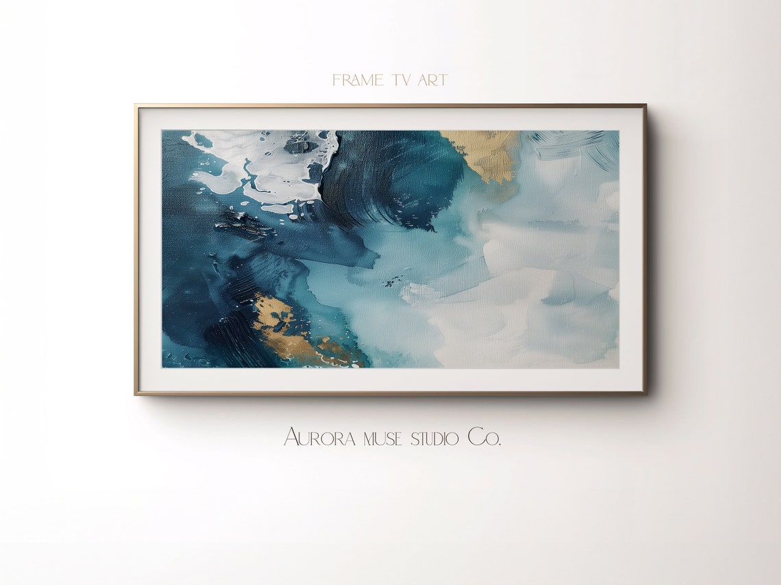 Deep Teal White Marble Gold Leaf Abstract Ocean Oil Painting Poster - Image 4
