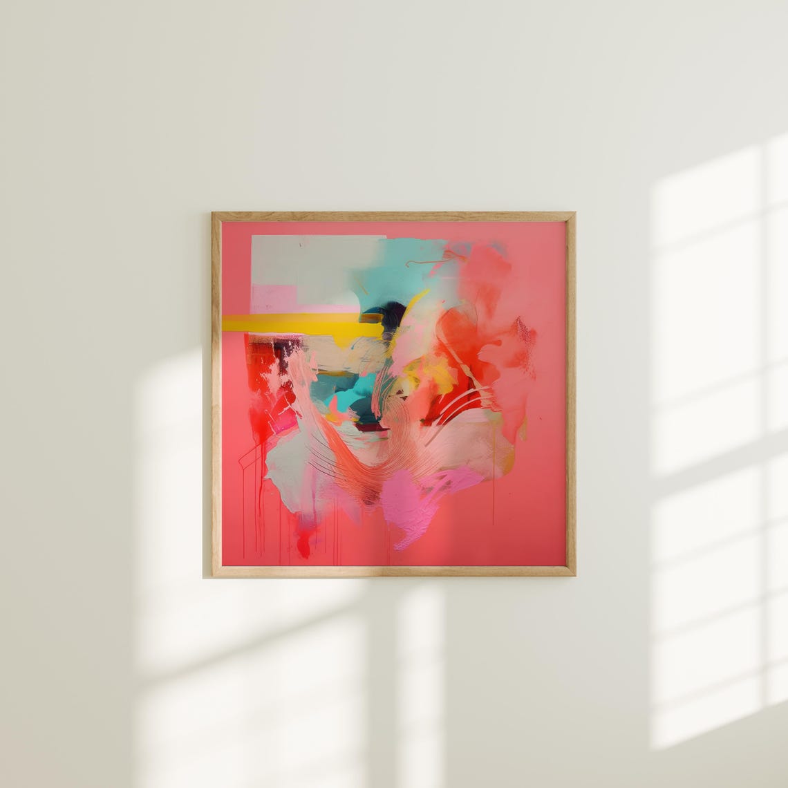 Coral Red Abstract With Teal And Yellow Brushstrokes Wall Art - Image 5