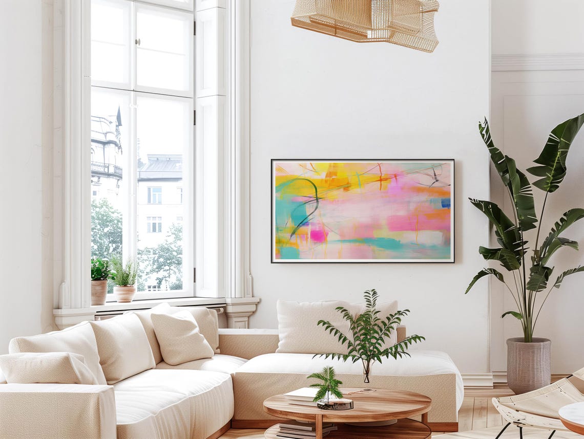 Bright Yellow Pink Abstract Painting With Teal Accent Lines Poster - Image 5