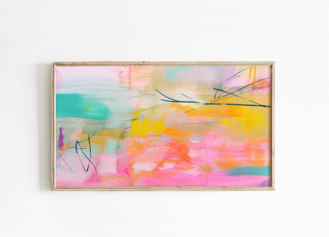 Pastel Pink Teal Orange Abstract With Black Gestural Line Marks Poster