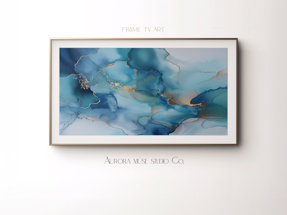 Blue Teal Alcohol Ink Marble Abstract With Gold Vein Details Poster - Image 4