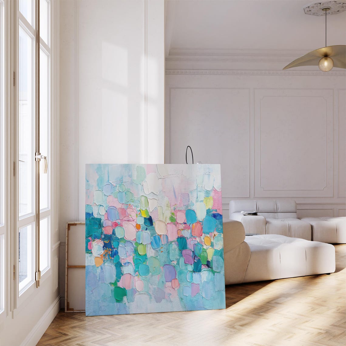 Colorful Palette Knife Mosaic Abstract In Blue And Pink Print - Image 4