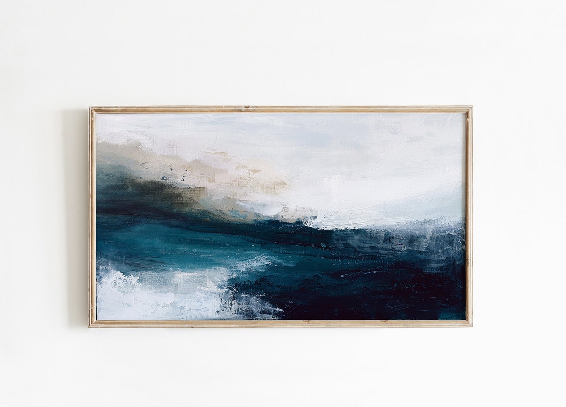 Deep Teal Ocean Abstract Painting With Misty Gray Sky Oil Poster