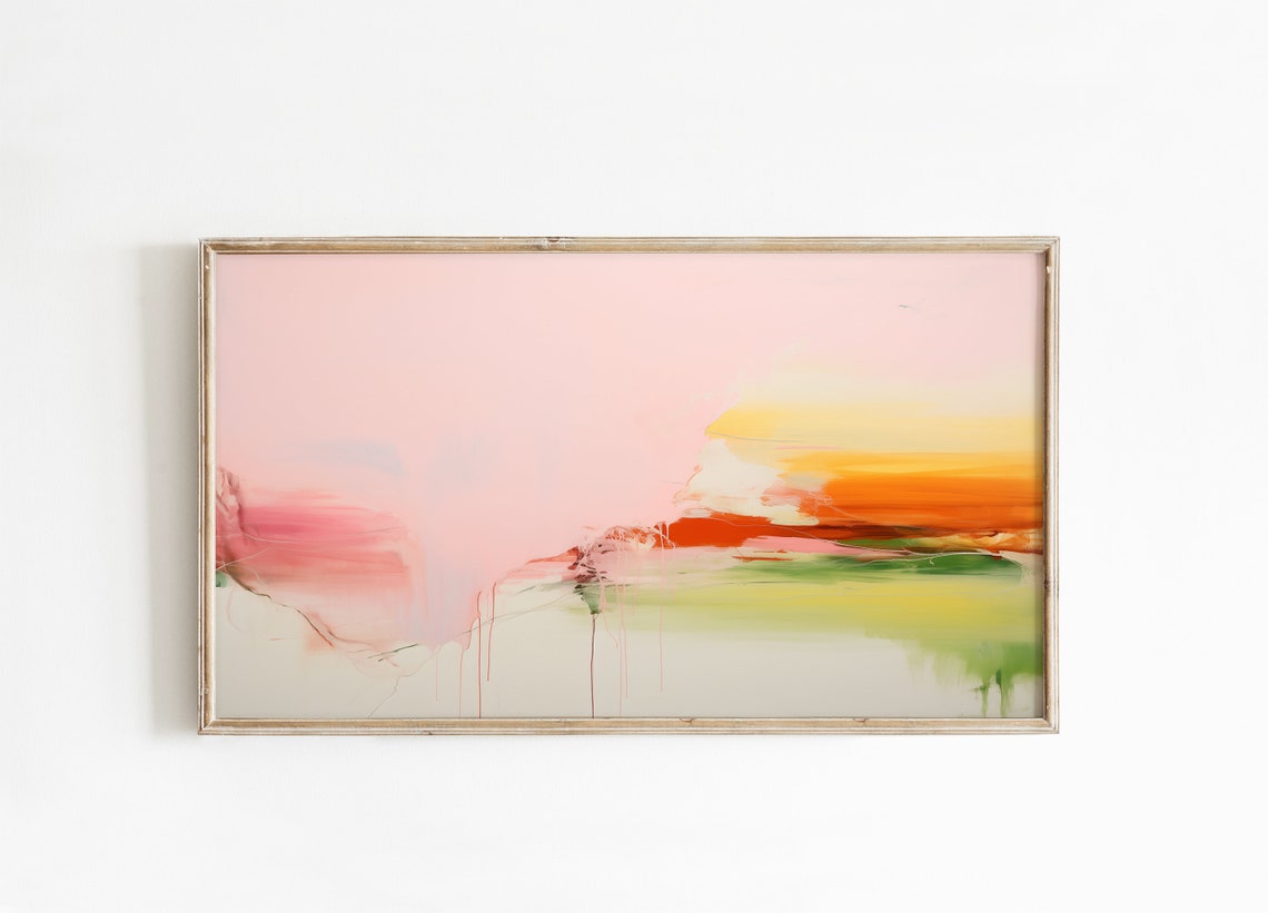 Soft Pink Abstract Painting With Red Green Horizon Streaks Poster