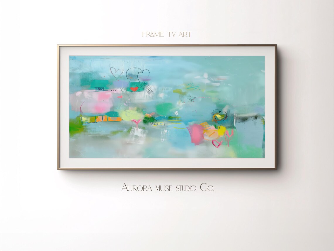 Aqua Blue Abstract Painting With Heart Doodles And Pink Marks Poster - Image 2