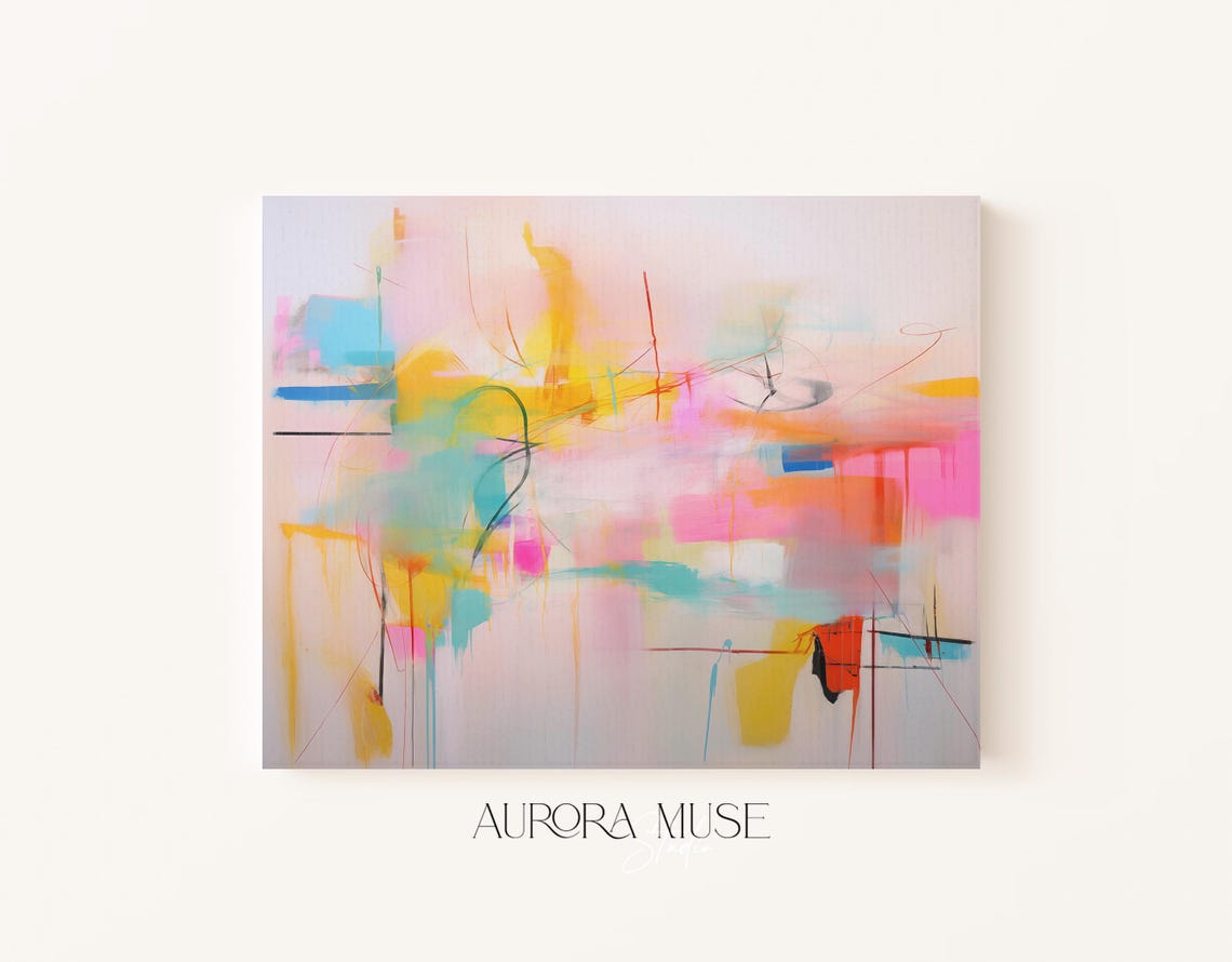 Pastel Pink Yellow Bright Abstract Scribble Oil Painting Wall Art