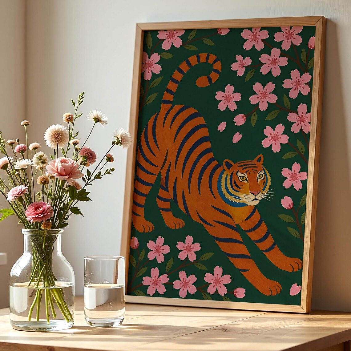 Orange Tiger Stretching Among Pink Cherry Blossoms Art Poster
