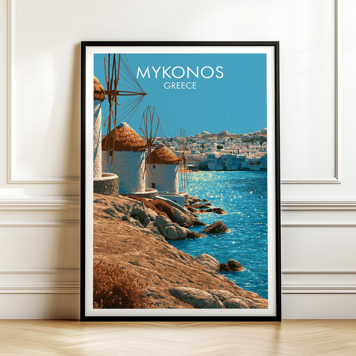 Mykonos Greece Windmills Seaside Vintage Travel Cityscape Poster
