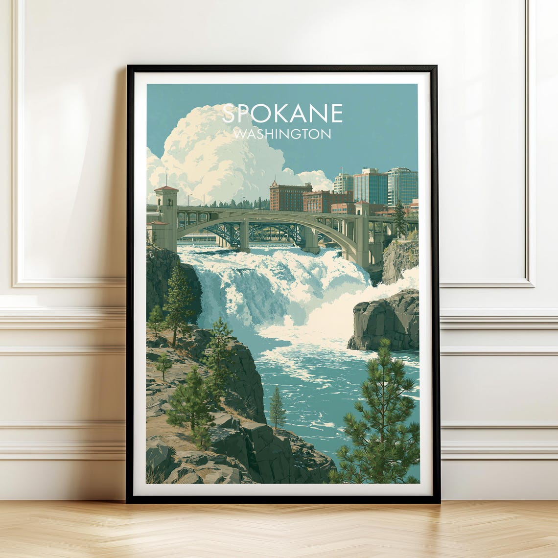 Spokane Washington Falls Vintage Travel Waterfall Poster Art