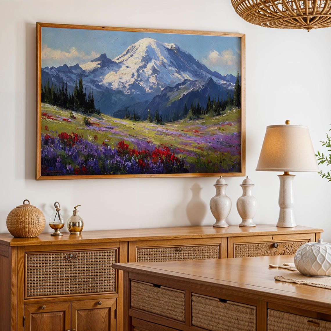 Mount Rainier National Park Wildflower Meadow Oil Painting Poster