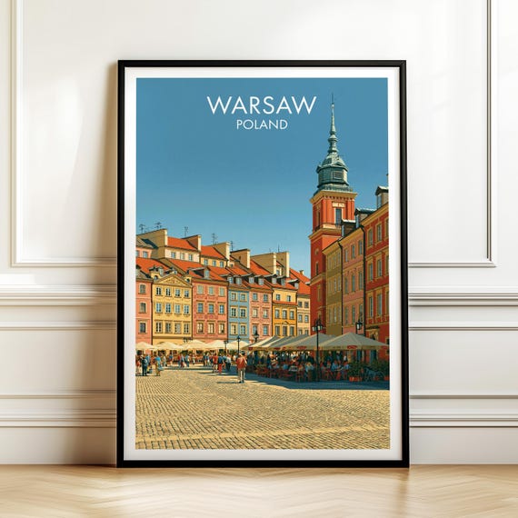 Warsaw Poland Travel Poster Vintage Europe Cityscape Wall Art Print For Home Decor