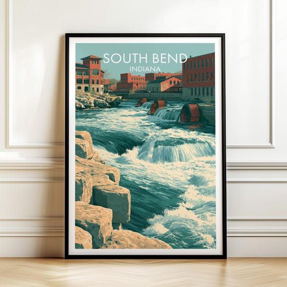South Bend Indiana Poster Vintage Usa Cityscape Travel Wall Art American Landmark Print Americana Decor