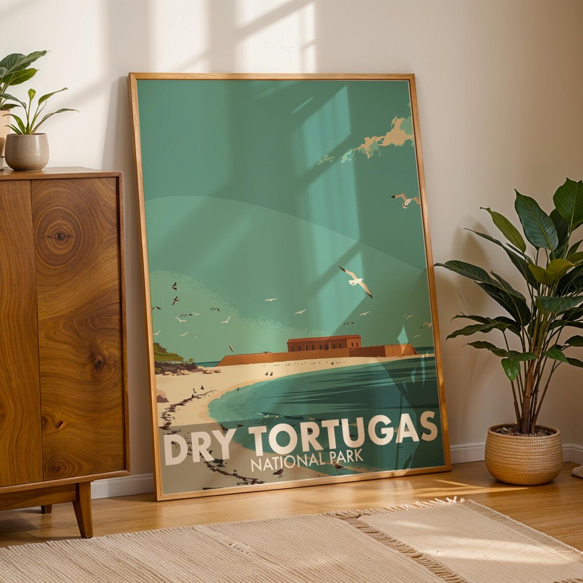 Dry Tortugas National Park Fort Jefferson Beach Mid Century Travel Poster
