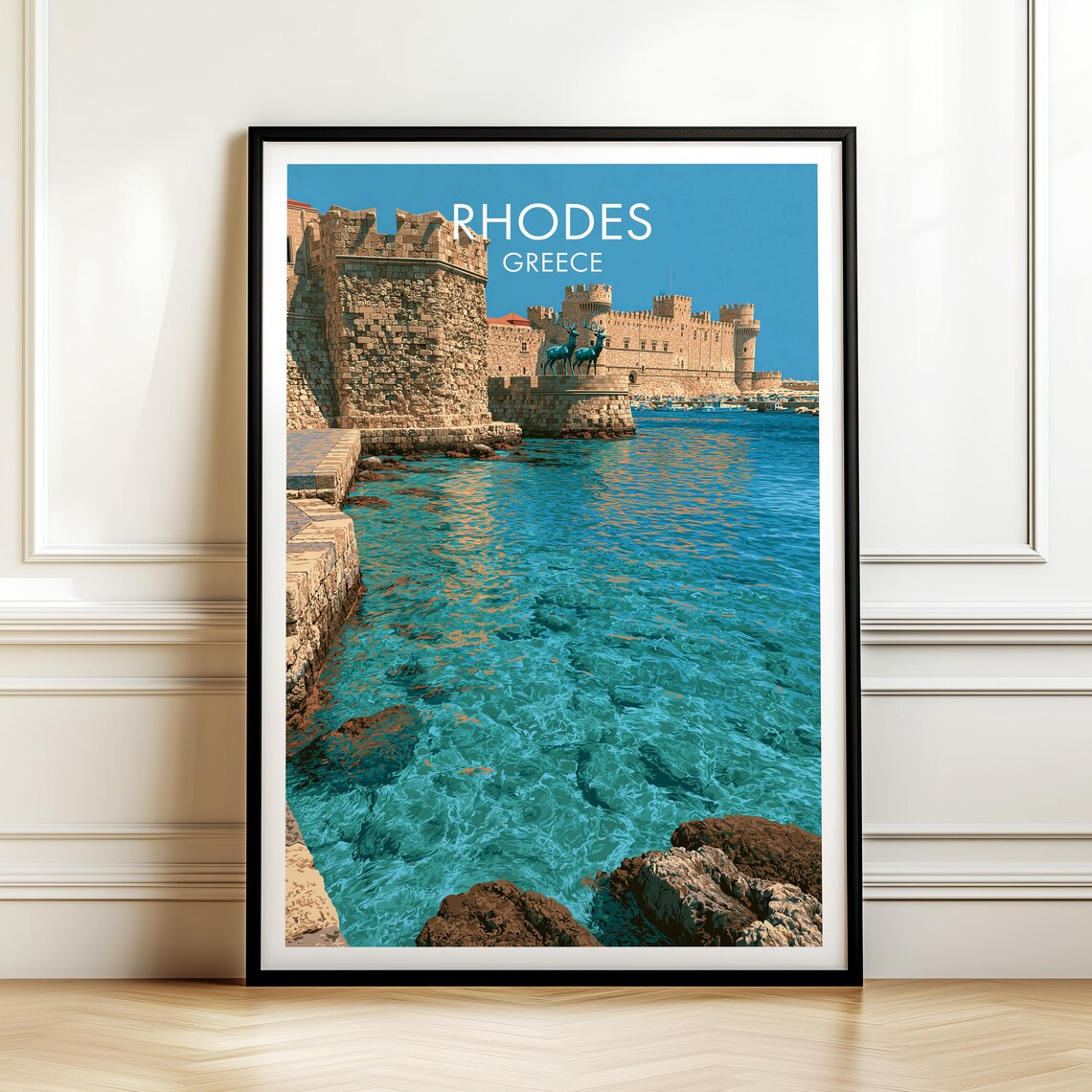 Rhodes Greece Vintage Travel Poster with Medieval Castle and Turquoise Sea