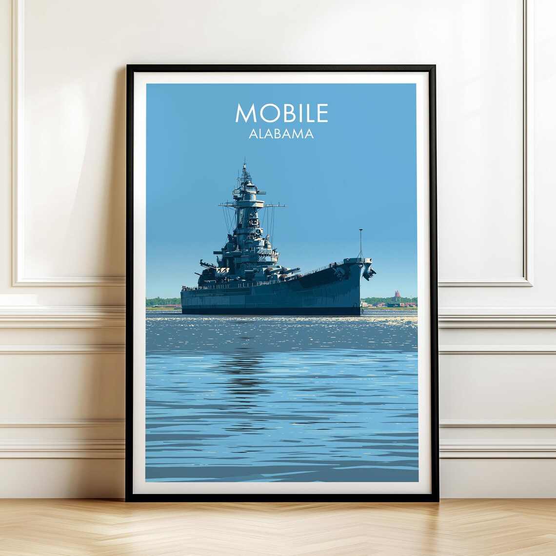 Mobile Alabama Battleship Vintage Travel Style Coastal Art Poster